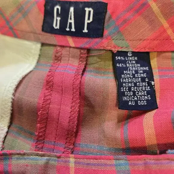 GAP Vintage Plaid Linen Maxi Skirt Red Pink Yellow Button Side Split Size 6 - Picture 8 of 9
